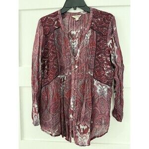 Lucky Brand Long Sleeve Boho Sheer Blouse Top Split Neck size Large
